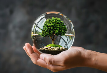 A hand holds a glass sphere containing a green tree inside, symbolizing sustainable development, eco-friendly living, and environmental protection.