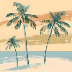 Obraz premium watercolor illustration of Beach Paradise with Palm Trees and Blue Seas