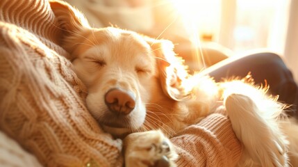 Envuelto en la comodidad de la lana tejida, un perro durmiente es acunado por los tiernos rayos del sol, su expresión serena es un testimonio de la paz dichosa de una siesta a la luz de la tarde. - obrazy, fototapety, plakaty