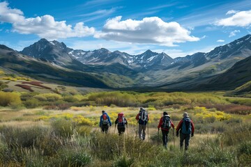 Un grupo de aventureros recorre un valle exuberante, enmarcado por la majestuosidad de picos imponentes, su viaje es un interminable juego entre la naturaleza salvaje y el espíritu de exploración. - obrazy, fototapety, plakaty