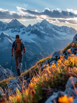 Un excursionista se encuentra al borde del crepúsculo, donde la hora dorada besa las cimas de las montañas y las flores silvestres susurran historias del viaje del día al cielo.