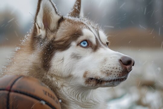 Un husky, adornado con copos de nieve como joyas invernales, mira a lo lejos. Sus impactantes ojos azules guardan las historias silenciosas del reino nevado que considera su hogar.