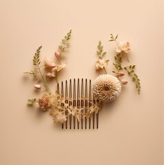 comb, flowers, hairpins on a plain beige background. location plain light delicate beige background. around there is a plain light-delicate beige background 