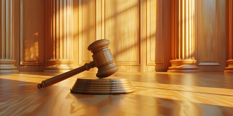 Symbolizing Law and Justice: A D Image of a Wooden Judge's Gavel in a Courtroom Setting. Concept Law, Justice, Wooden Gavel, Courtroom Setting, Symbolism - obrazy, fototapety, plakaty