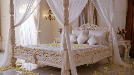 Fototapeta na wymiar luxury and romantic bed for newlywed couple's honeymoon, romantic and honeymoon concept