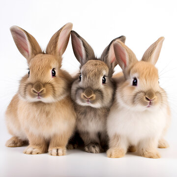 .Three cute rabbits sitting together, isolated on white, copy space
