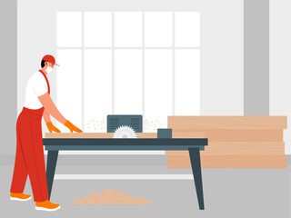 Carpenter cutting wooden on machine. Worker vector illustration.