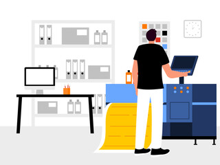 Male worker working on painting machine. Worker vector illustration.