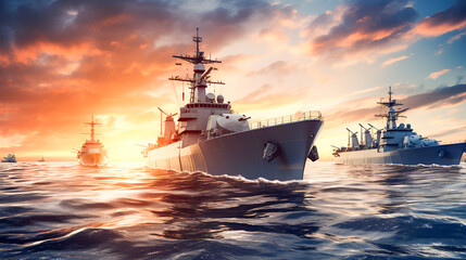 Military Fleet. Battleship in the ocean at sunset with dramatic clouds. Concept defense and defense of NATO naval forces
