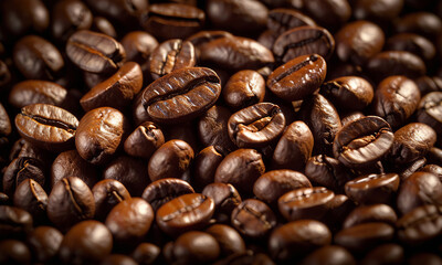 Aromatic roasted coffee beans close-up background
