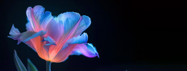 A flower with a purple and blue hue is the main focus of the image. The flower is surrounded by a dark background, which creates a sense of depth and contrast. The colors of the flower are vibrant