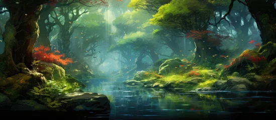 Foto op Canvas A river flows through the forest, surrounded by lush greenery and towering trees. The sky above is clear with fluffy clouds, creating a beautiful natural landscape © pngking