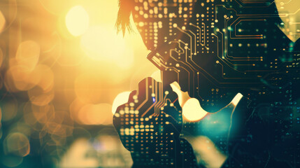 Silhouette of IT engineer working repairing interface, overlay of a printed glowing circuit board plan, Technology background, 