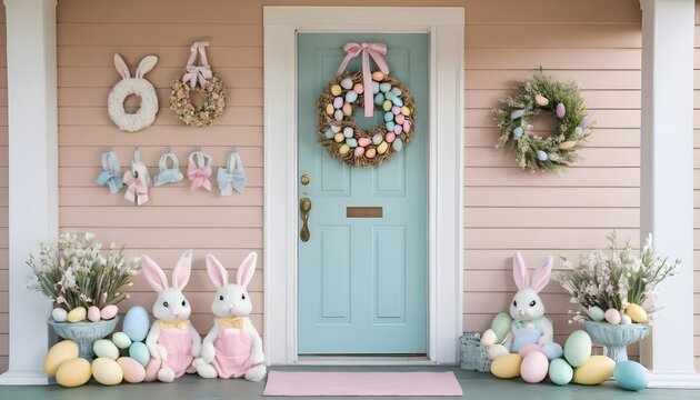 A charming Easter tableau adorns the home, with plush bunnies nestled among pastel-colored eggs, creating a whimsical and inviting atmosphere.