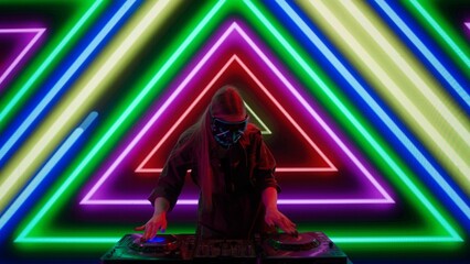Attractive female on digital wall colorful visual graphic background. Young woman dj in mask...