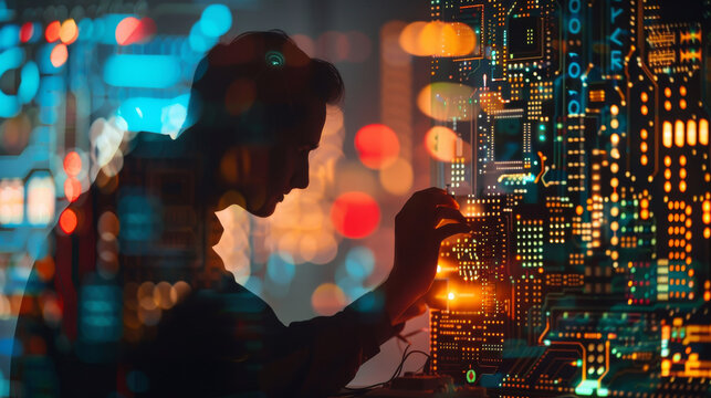 Silhouette of IT engineer working repairing interface, overlay of a printed glowing circuit board plan, Technology background,  - Powered by Adobe