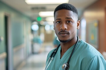 Portrait of a young male healthcare worker in scrubs at hospital - obrazy, fototapety, plakaty