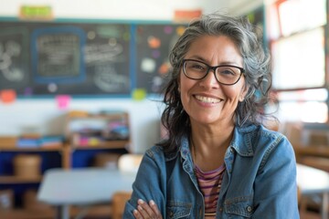 Portrait of a middle aged female teacher in classroom - obrazy, fototapety, plakaty