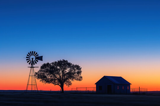 Colorful Australian outback sunset landscape with a windmill, shed and gumtree silhouettes and a firey sky with copy space.