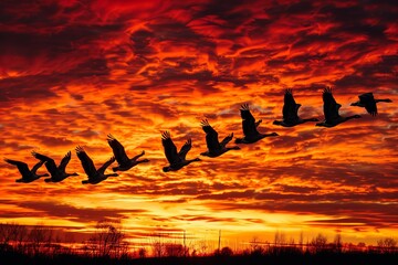 Against the backdrop of a flaming sunset, a magnificent flock of migratory geese forms a V.