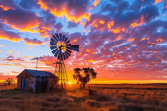 Colorful Australian outback sunset landscape with a windmill, shed and gumtrees and a firey sky.