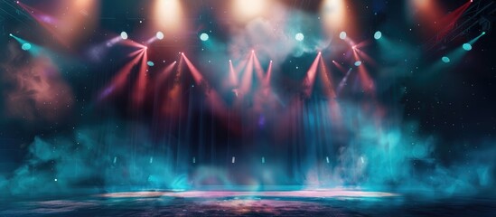 Rock concert stage with spotlights on a dark background, blurred background for web banner and...