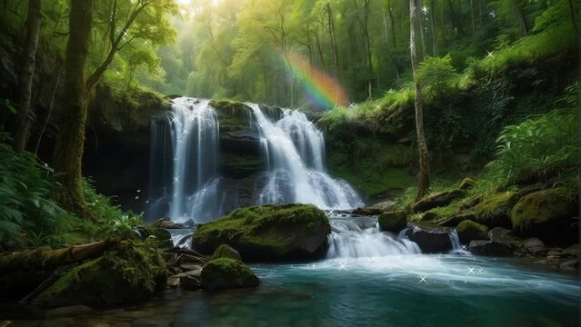 waterfall in the woods, background, 4k, animation video, Seamless looping, footage, generative ai