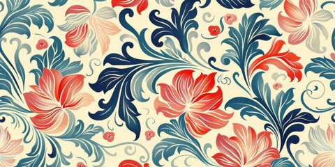 An intricate, Art Nouveau-inspired floral pattern, with flowing lines and vibrant colors on an elegant ivory background, ornate design and optimistic spirit created with Generative AI Technology - obrazy, fototapety, plakaty