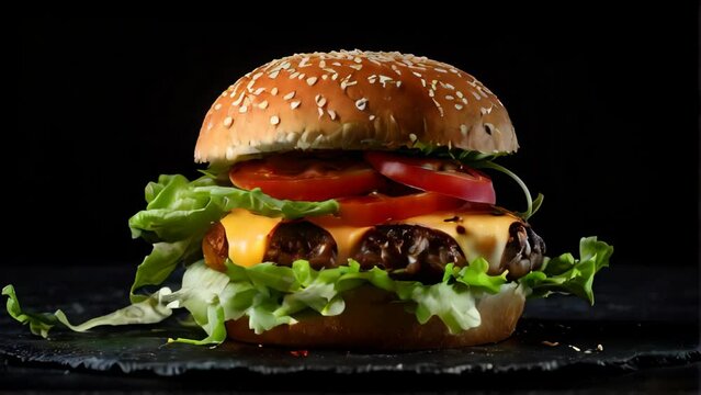 Burger Isolated on Black Background. Hamburger Sandwich Movement Scene. Modern Food Café Advertising Banner Background Template. 