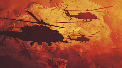 Silhouette of tanks soldier and troops carrying helicopters double exposure with map of the world. Concept warfare, military training, modern, weapons