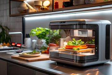 There is a home 3D printer in the kitchen that creates dishes.