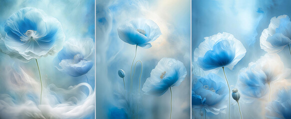 Tło niebieskie, pastelowe kwiaty. Tapeta kwiatowa maki. Tryptyk, abstrakcje wiosenne
