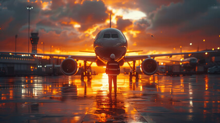 aircraft engineer fixing an airbus a320 at the hangar during sunset,generative ai - obrazy, fototapety, plakaty