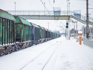 railway freight cars on the rails in winter