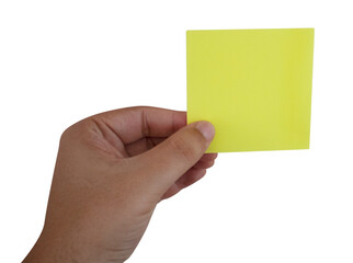 Hand holding a blank notepaper on transparent background