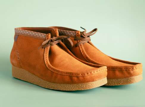 moscow russia 08 06 2023. stylish men's suede boots Clarks Wallabee..