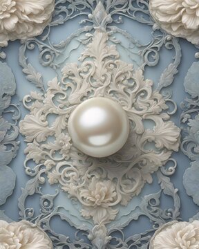 Pearl Inlay, Iridescent Texture, Pale Blues, Prominent Pearl Set Against Intricate Designs, Generative AI