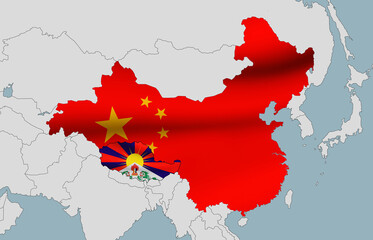 Map of China and Tibet in the colors of the national flags