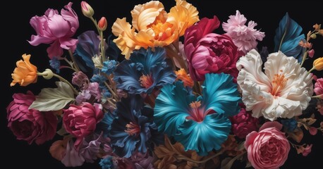 bouquet of colorful flowers, including hues of blue, pink, and yellow, against a black background.