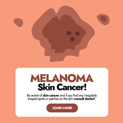 Melanoma skin cancer cell. Skin disease, infection, illness, pimple, spot. Skin problems awareness social media post. Melanoma awareness banner for guiding people. 