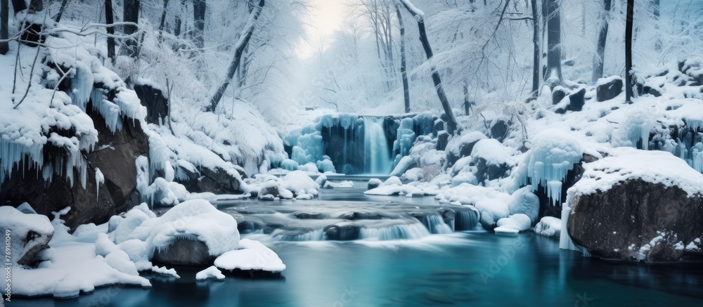 Poster a serene waterfall surrounded by snow-covered trees and a blanket of snow on the ground in a tranqui