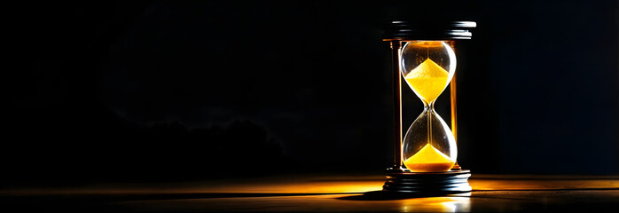 A sand timer placed on a wooden table in the dark with dim lighting. Yellow sand inside the timer indicates that time is running out - obrazy, fototapety, plakaty
