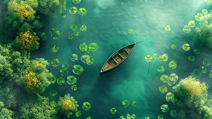 Breathtaking lake scene: detailed boat amid lily pads, dreamlike colors, aerial perspective, stunning light play,generative ai