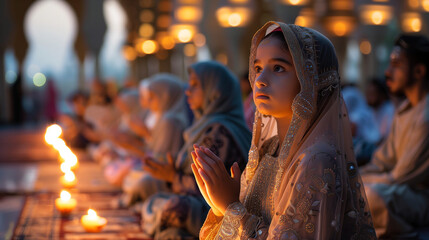 Kids celebrating Eid al-Fitr,  in front of the temple to End the Ramadan, sunset light