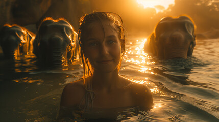 Girl swimming with elephants, beautiful sunset in africa  - obrazy, fototapety, plakaty