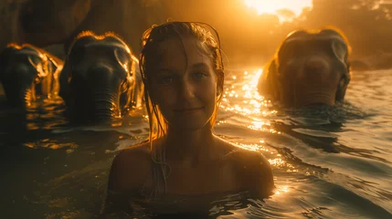 Fotobehang Girl swimming with elephants, beautiful sunset in africa  © Fusion Maya Films