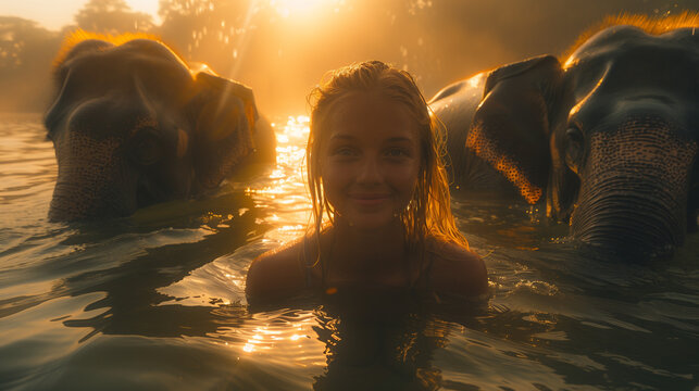 Girl swimming with elephants, beautiful sunset in africa 