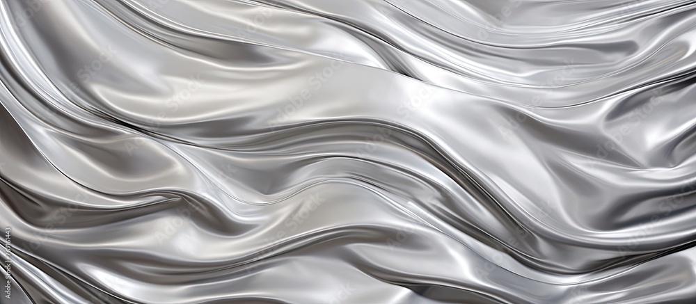 Poster a detailed close up of a shiny silver textile with a flowing wave design, creating an intricate and 