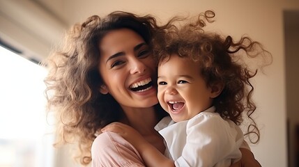 Joyful Mother and Daughter Moment with Long Curly Hair - obrazy, fototapety, plakaty