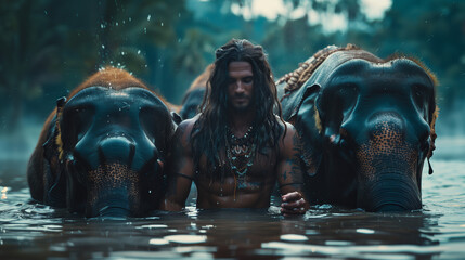 Artistic photography, a man swimming and interacting with elephants in the lake 